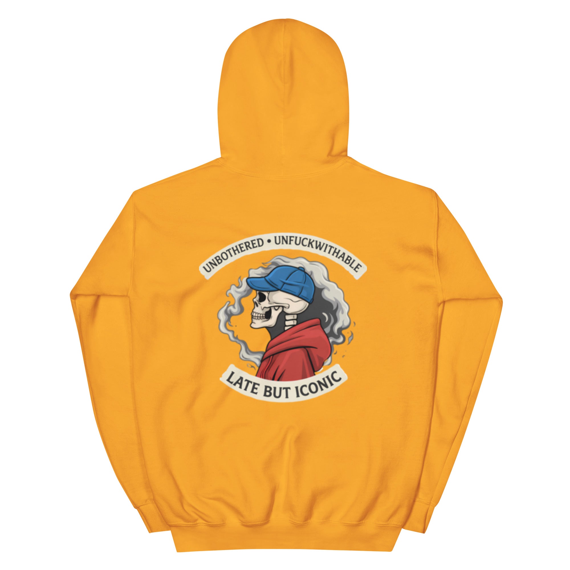 Mustard yellow oversized unisex hoodie with bold illustrated back graphic, modern streetwear style