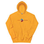 Yellow oversized streetwear hoodie front view with small chest skull graphic and red “Iconic / Unbothered” text print, neutral background.