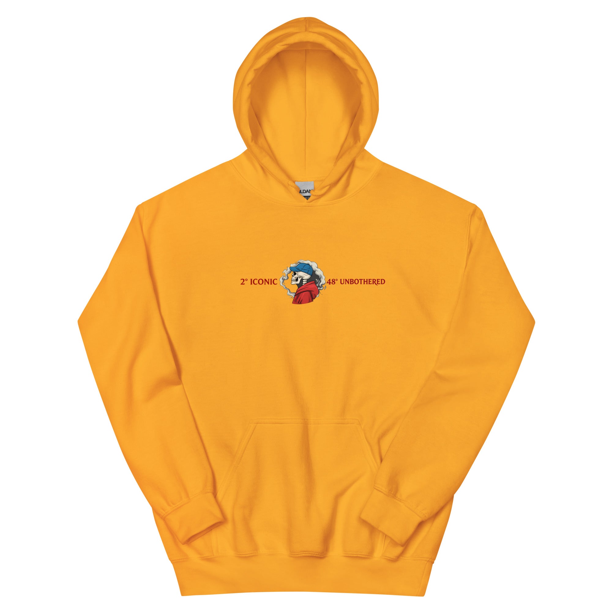 Yellow oversized streetwear hoodie front view with small chest skull graphic and red “Iconic / Unbothered” text print, neutral background.