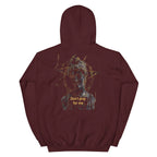 Maroon unisex hoodie back view with classical statue illustration and “Don’t pray for me” text design