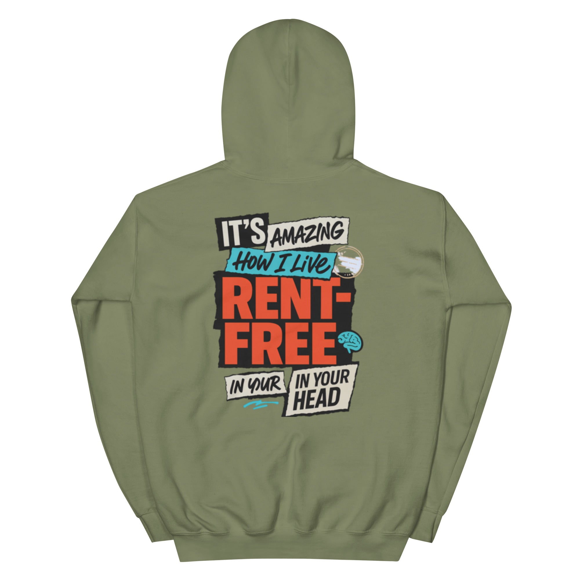 Oversized military green streetwear hoodie with rent free in your head bold collage typography graphic, large back print, back view