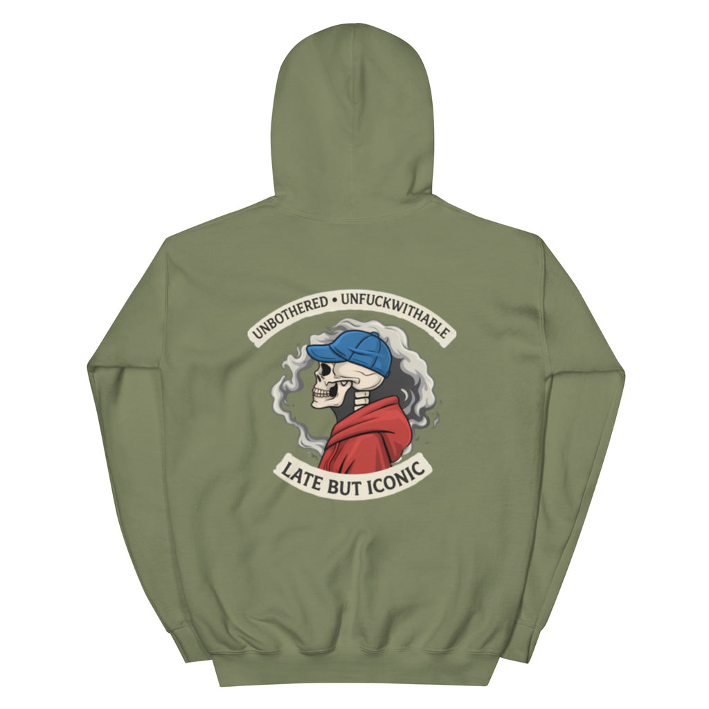 Olive green oversized streetwear hoodie with vintage-inspired back illustration and chest logo print