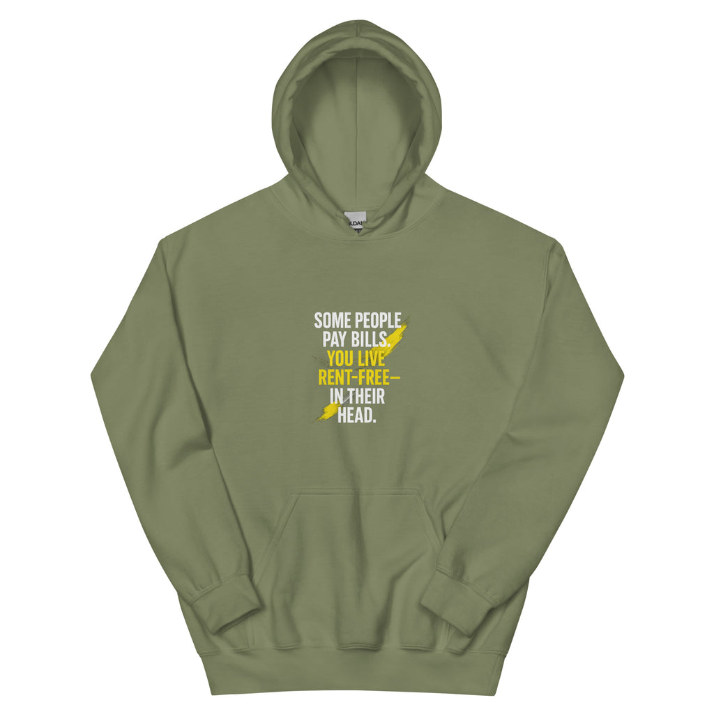 Oversized military green streetwear hoodie with small rent free mindset typography graphic on chest in white and yellow, minimal front design, front view
