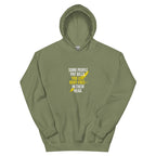 Oversized military green streetwear hoodie with small rent free mindset typography graphic on chest in white and yellow, minimal front design, front view