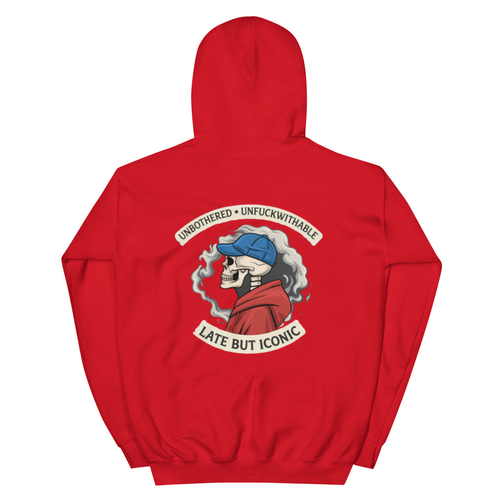 Red oversized unisex graphic hoodie with statement illustrated emblem print on back