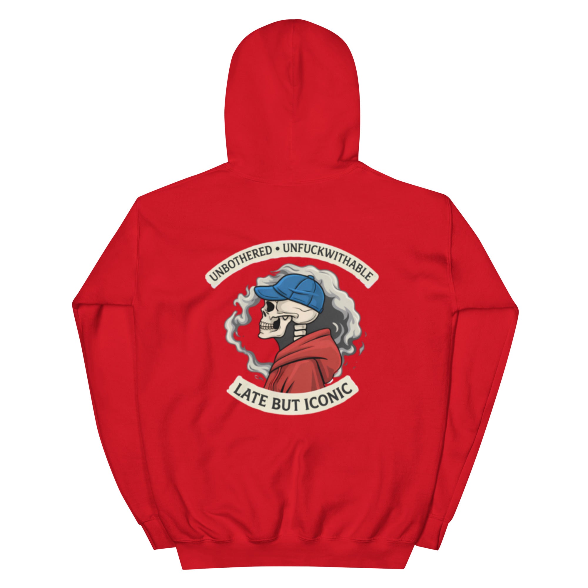 Red oversized unisex graphic hoodie with statement illustrated emblem print on back