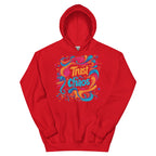 Oversized red streetwear hoodie with colorful trust the chaos typography and abstract paint swirl graphic, front view