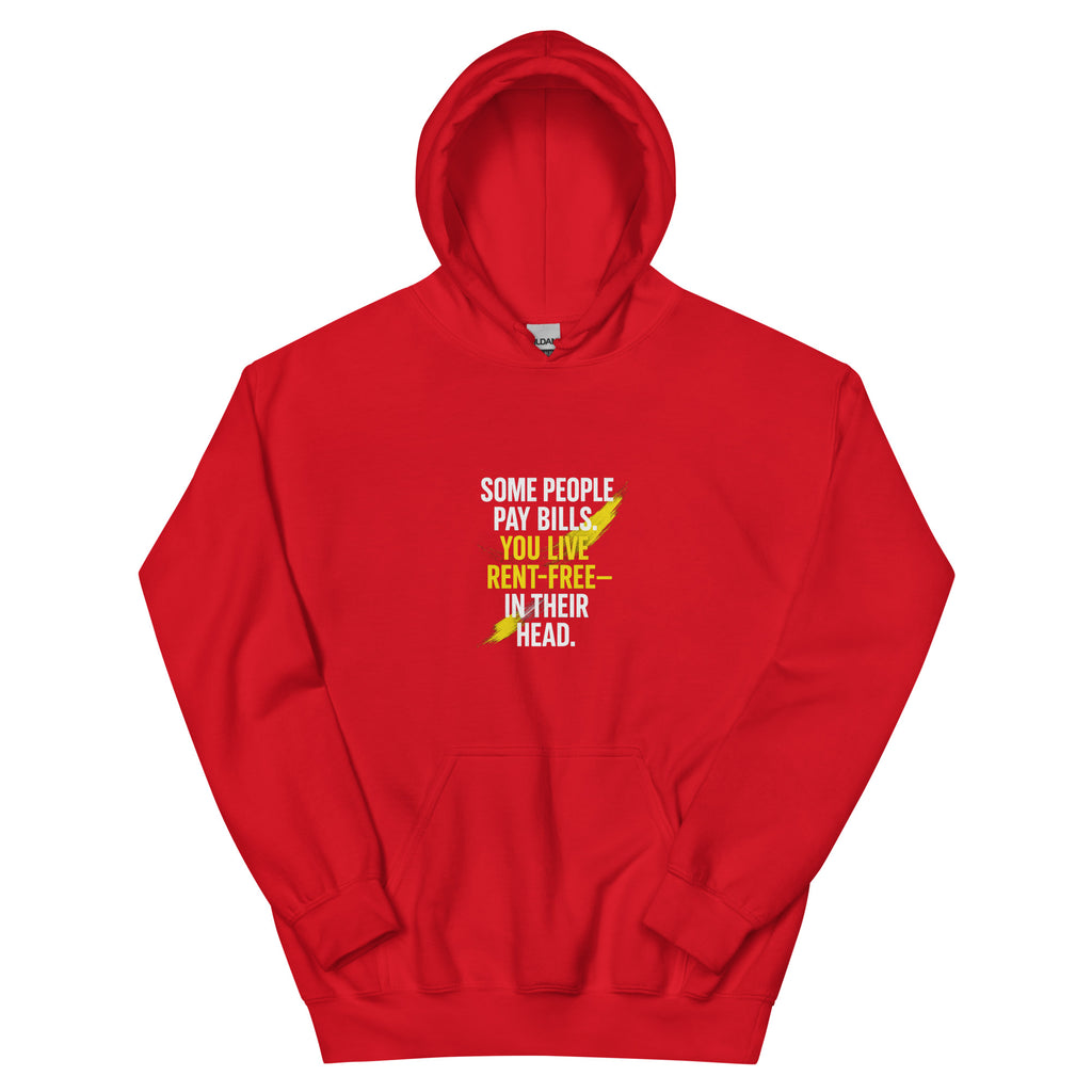 Oversized red streetwear hoodie with small rent free mindset typography graphic on chest in white and yellow, minimal front design, front view