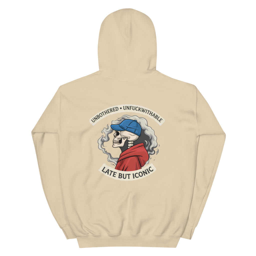 Oversized beige graphic hoodie with large illustrated emblem print on back, unisex streetwear sweatshirt