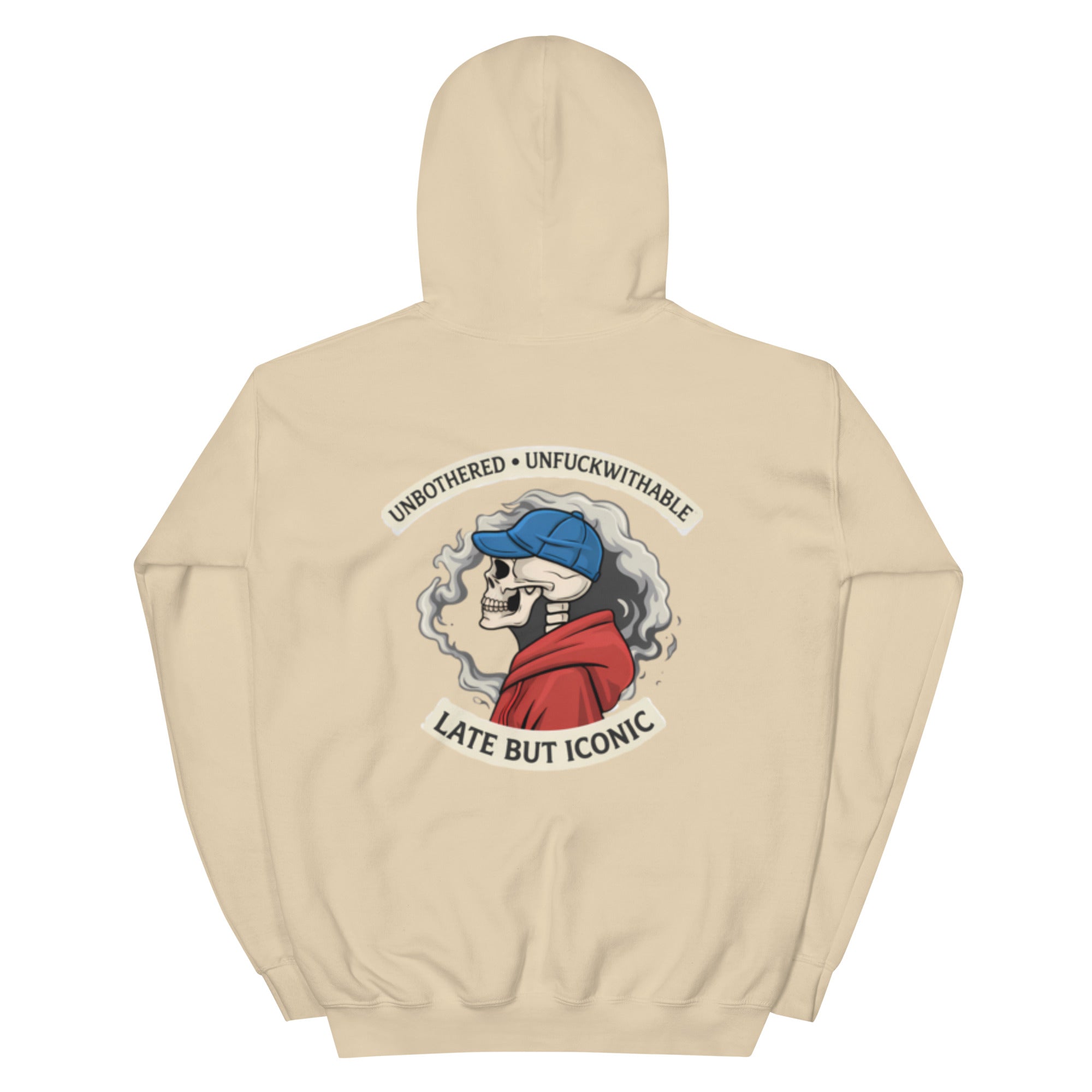 Oversized beige graphic hoodie with large illustrated emblem print on back, unisex streetwear sweatshirt