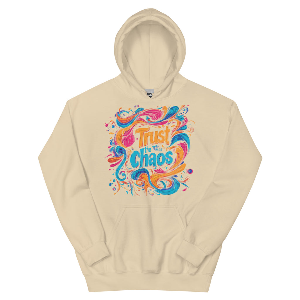 Oversized sand streetwear hoodie with colorful trust the chaos typography and abstract paint swirl graphic, front view