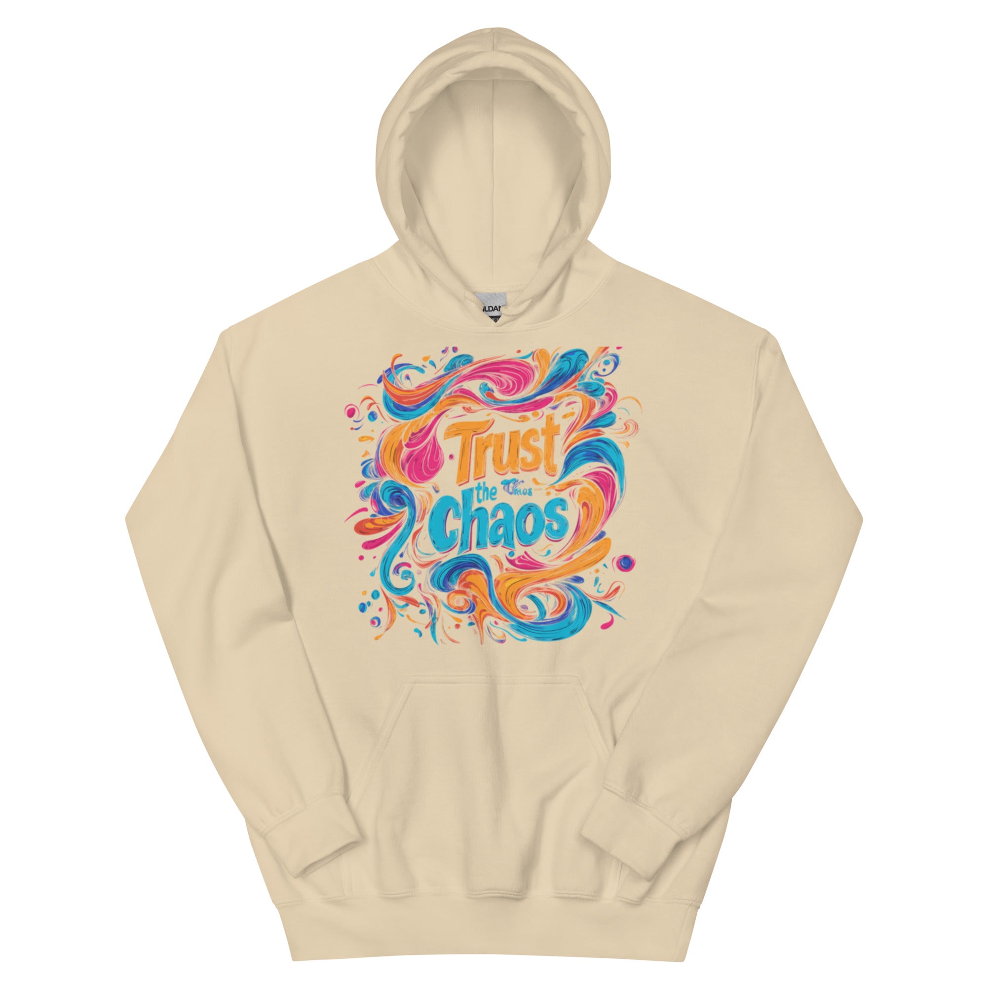 Oversized sand streetwear hoodie with colorful trust the chaos typography and abstract paint swirl graphic, front view