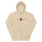 Beige oversized streetwear hoodie front view with small chest skull graphic and red “Iconic / Unbothered” text print, neutral background.