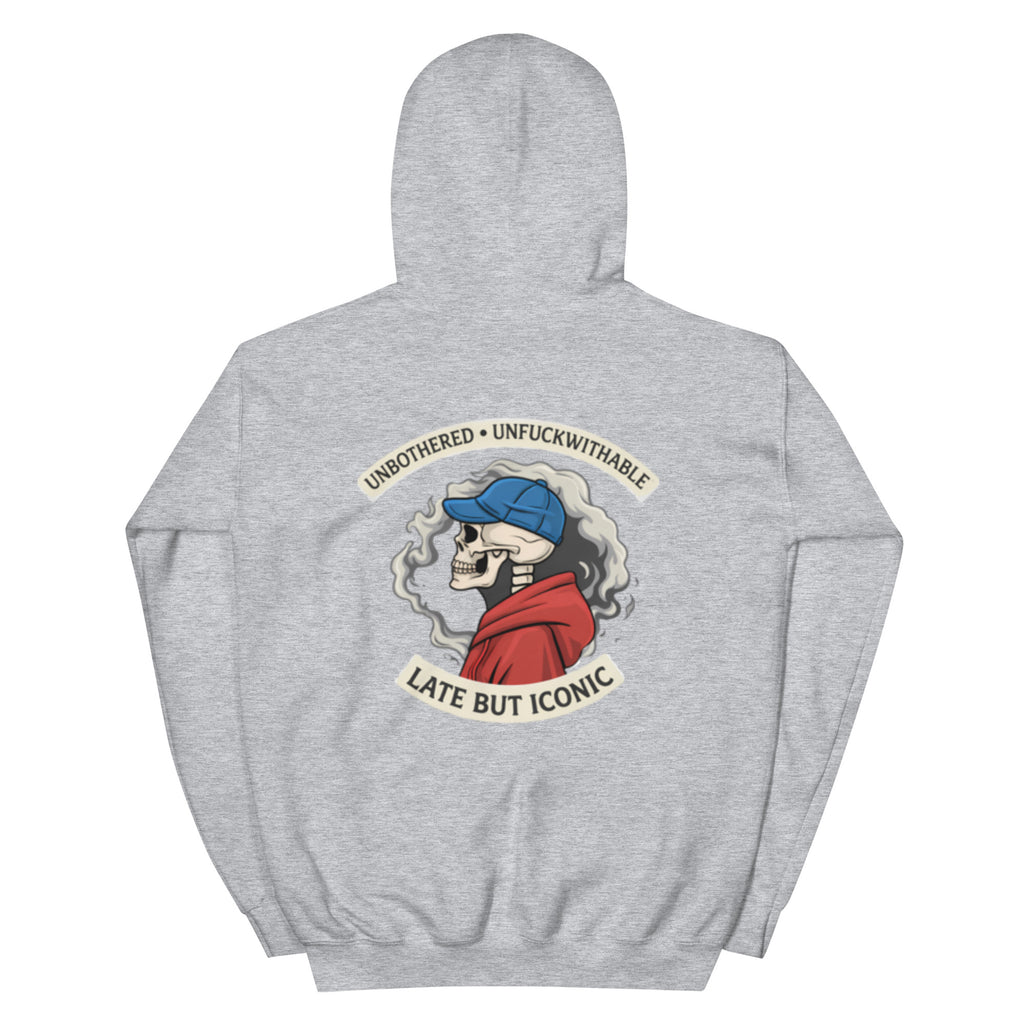 Oversized grey graphic hoodie with large illustrated emblem print on back, unisex streetwear sweatshirt