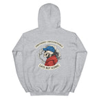 Oversized grey graphic hoodie with large illustrated emblem print on back, unisex streetwear sweatshirt