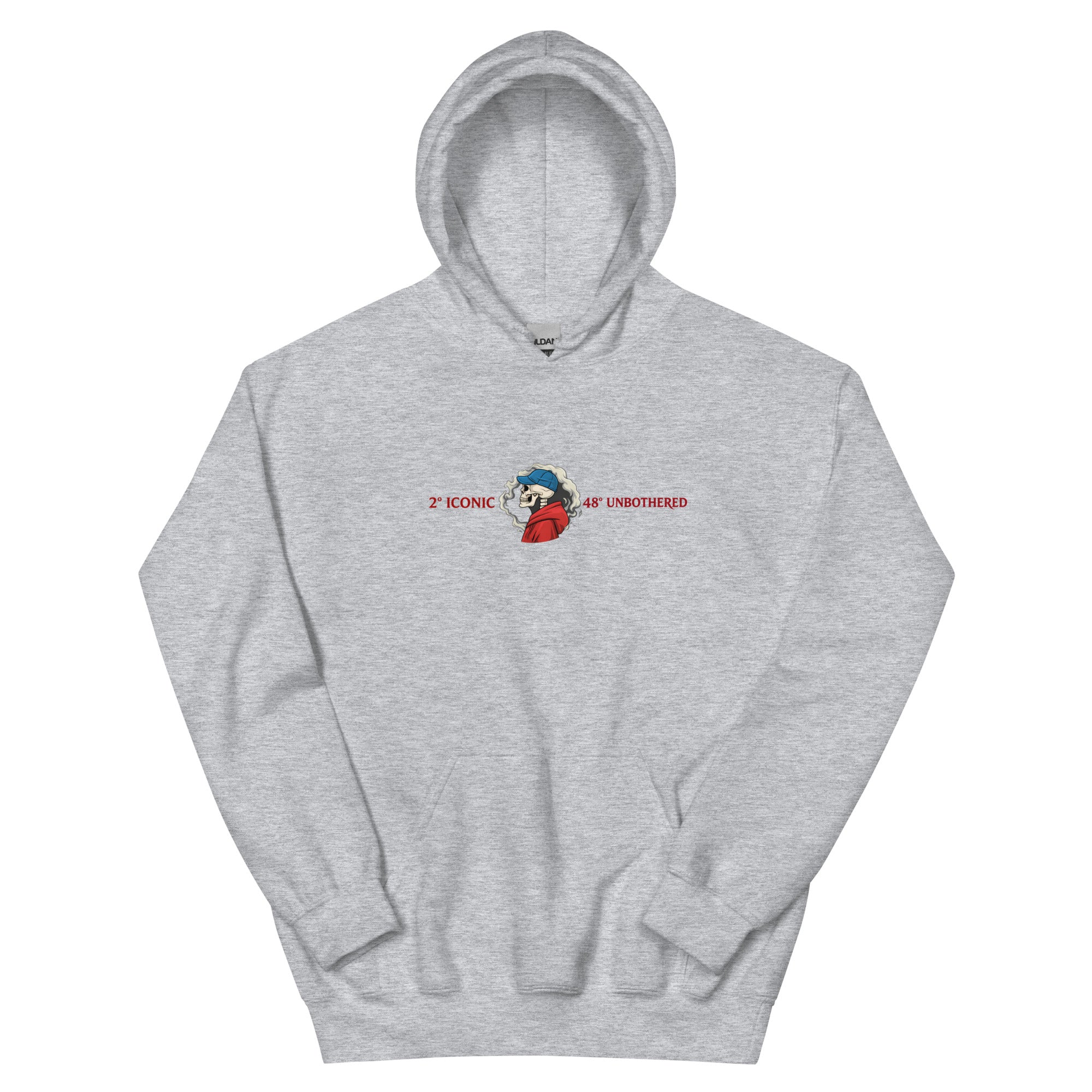 Sport grey oversized streetwear hoodie front view with small chest skull graphic and red “Iconic / Unbothered” text print, neutral background.