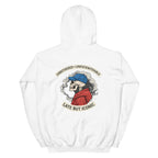 White oversized streetwear hoodie featuring bold illustrated back graphic and minimal front logo detail
