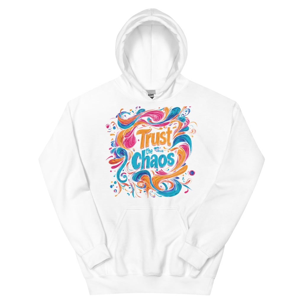 Oversized white streetwear hoodie with colorful trust the chaos typography and abstract paint swirl graphic, front view