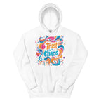 Oversized white streetwear hoodie with colorful trust the chaos typography and abstract paint swirl graphic, front view