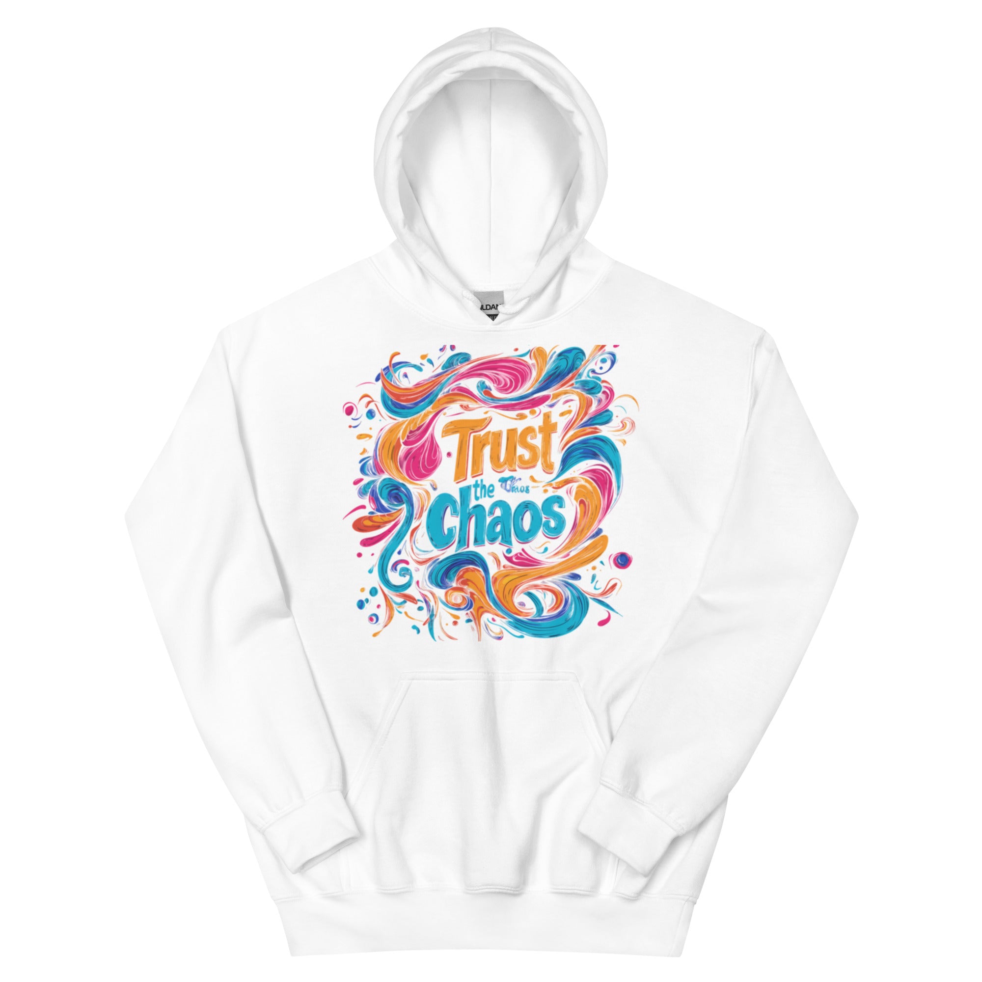 Oversized white streetwear hoodie with colorful trust the chaos typography and abstract paint swirl graphic, front view