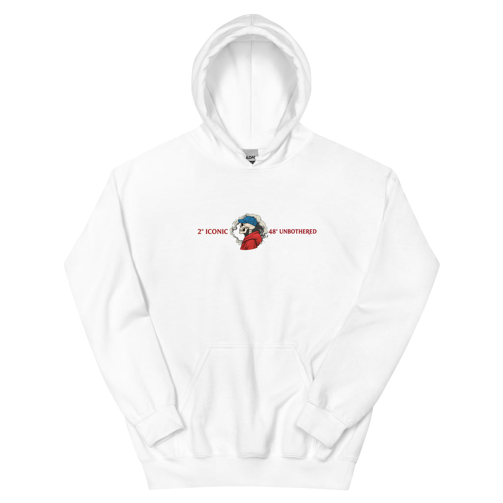 White oversized streetwear hoodie front view with small chest skull graphic and red “Iconic / Unbothered” text print, neutral background.