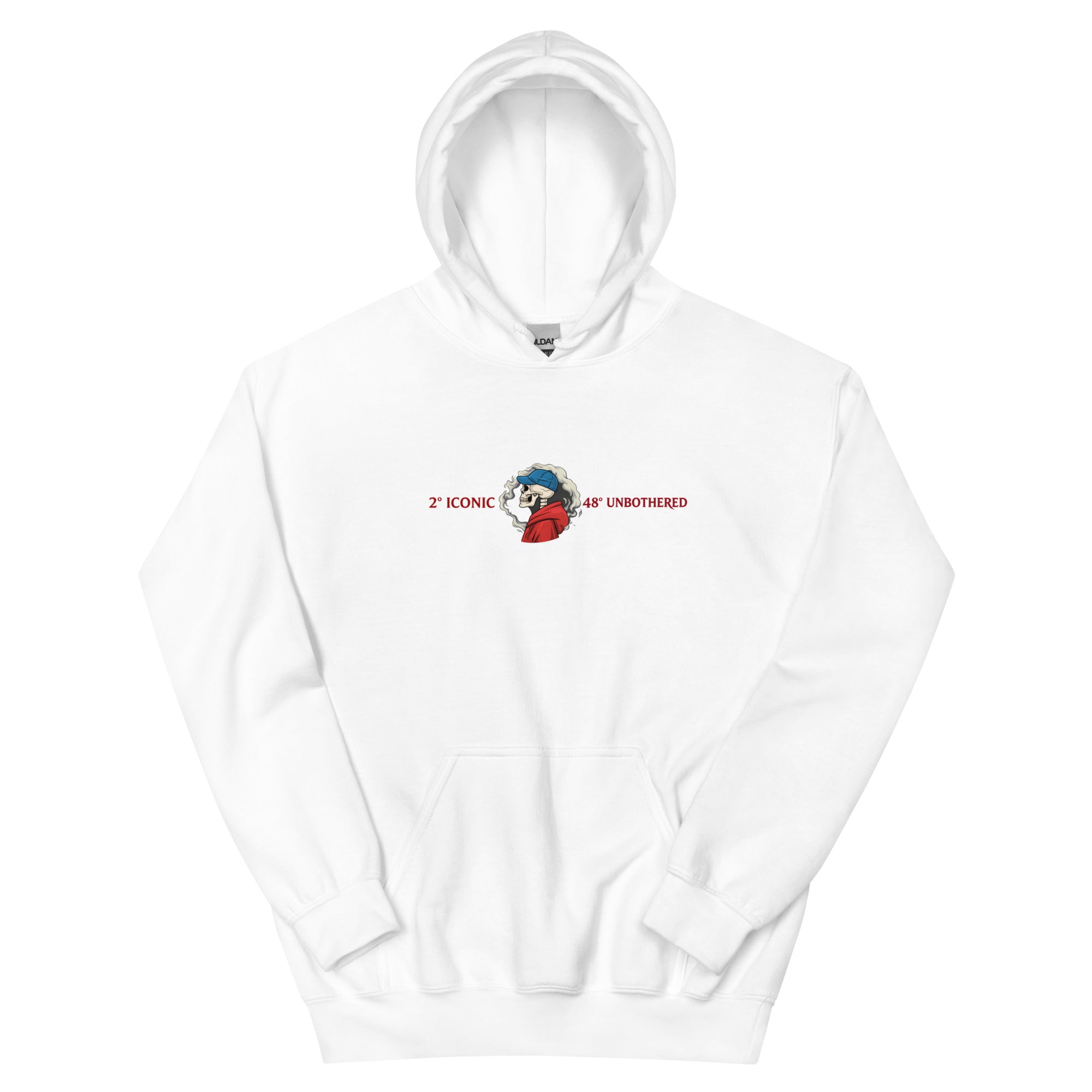 White oversized streetwear hoodie front view with small chest skull graphic and red “Iconic / Unbothered” text print, neutral background.
