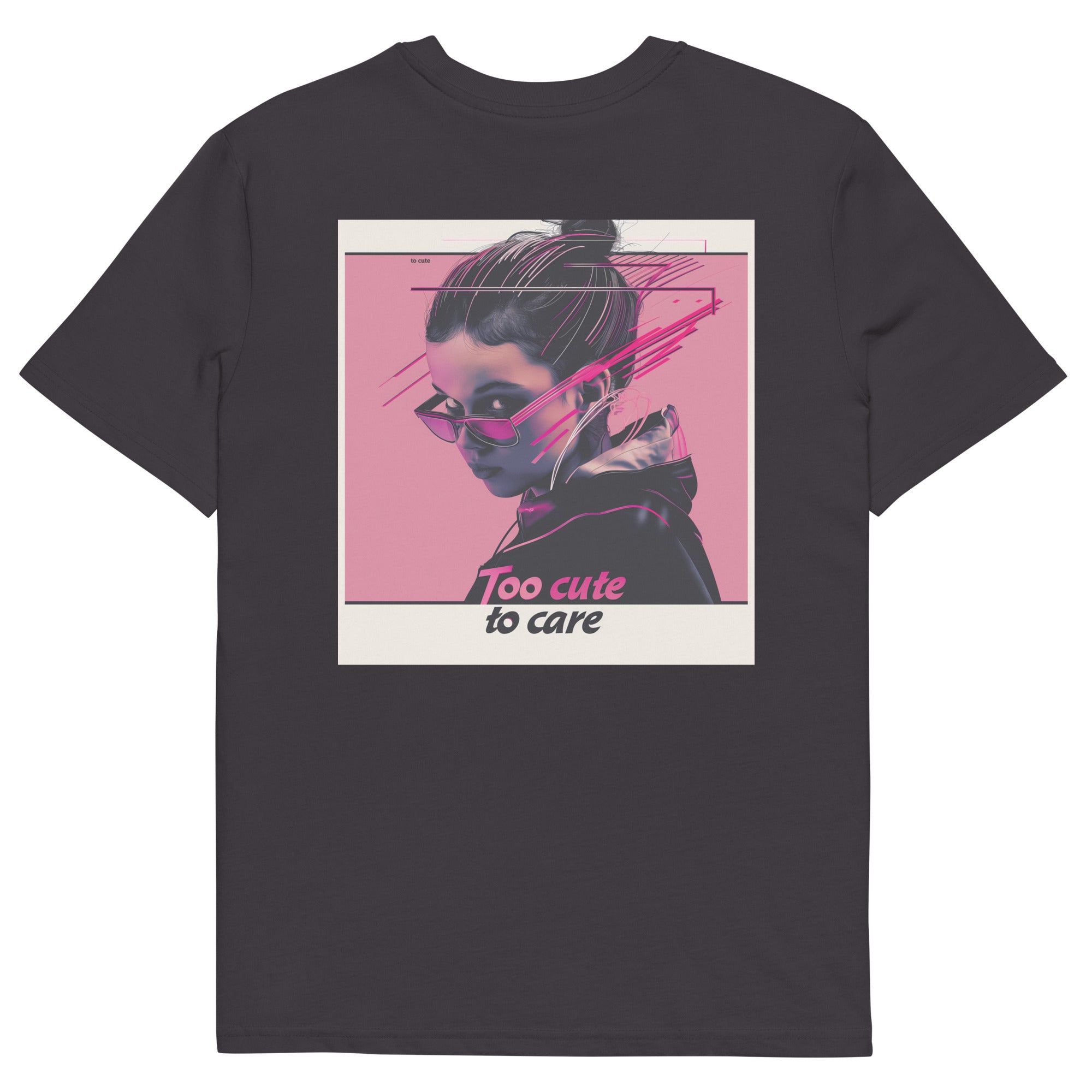 Anthracite oversized t-shirt with retro glitch aesthetic portrait of woman wearing sunglasses and “Too cute to care” slogan graphic, urban streetwear design
