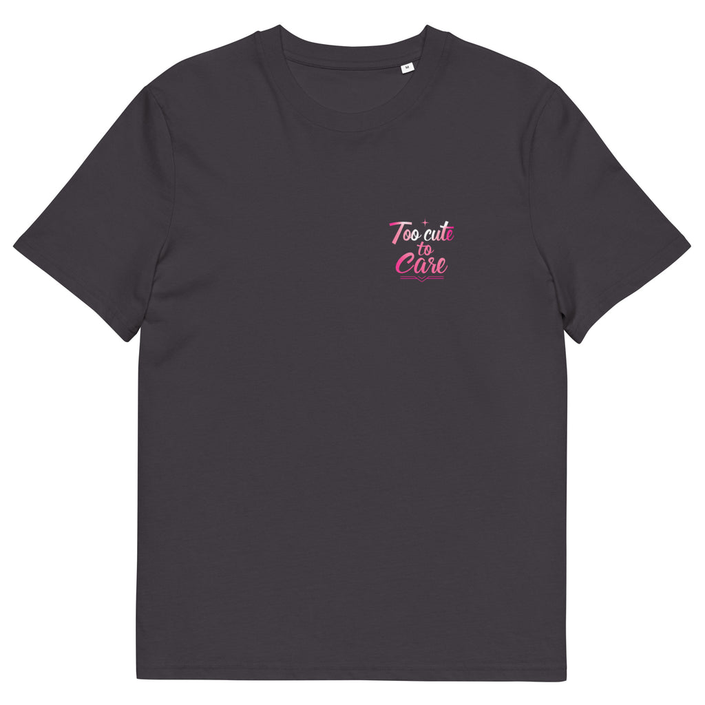 Anthracite oversized streetwear t-shirt with small pink “Too cute to care” chest logo print, minimalist graphic design