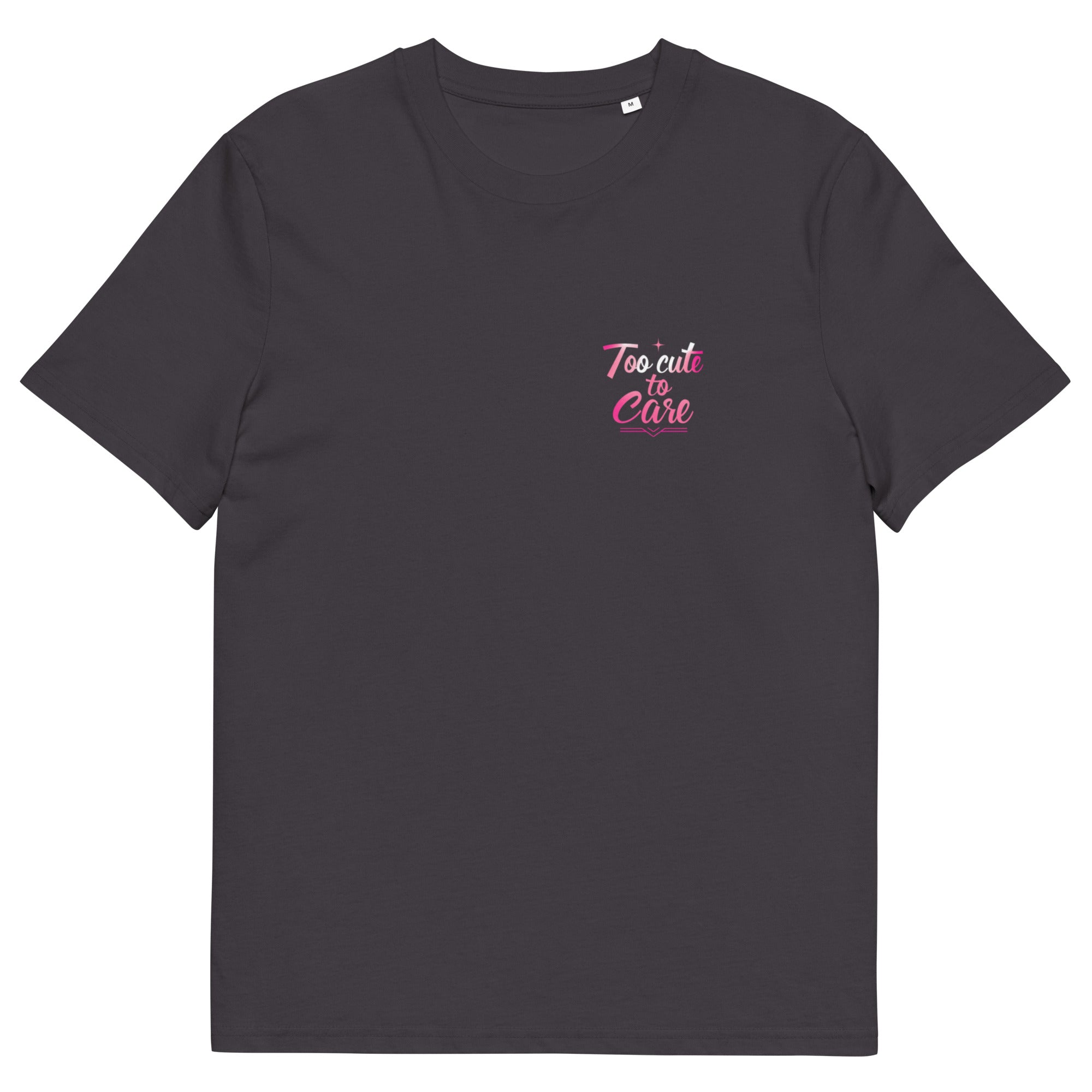 Anthracite oversized streetwear t-shirt with small pink “Too cute to care” chest logo print, minimalist graphic design