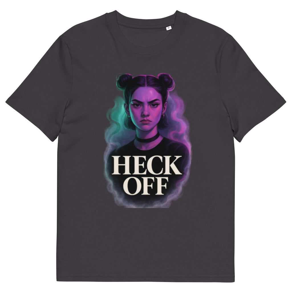 Anthracite unisex graphic t-shirt front view with bold “Heck Off” portrait design
