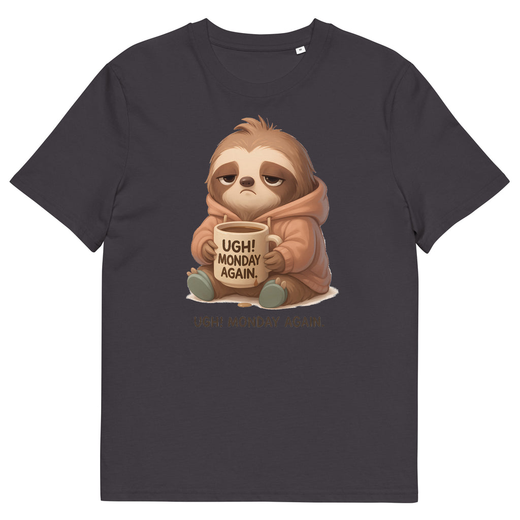 Anthracite unisex graphic t-shirt with sleepy sloth and coffee illustration design