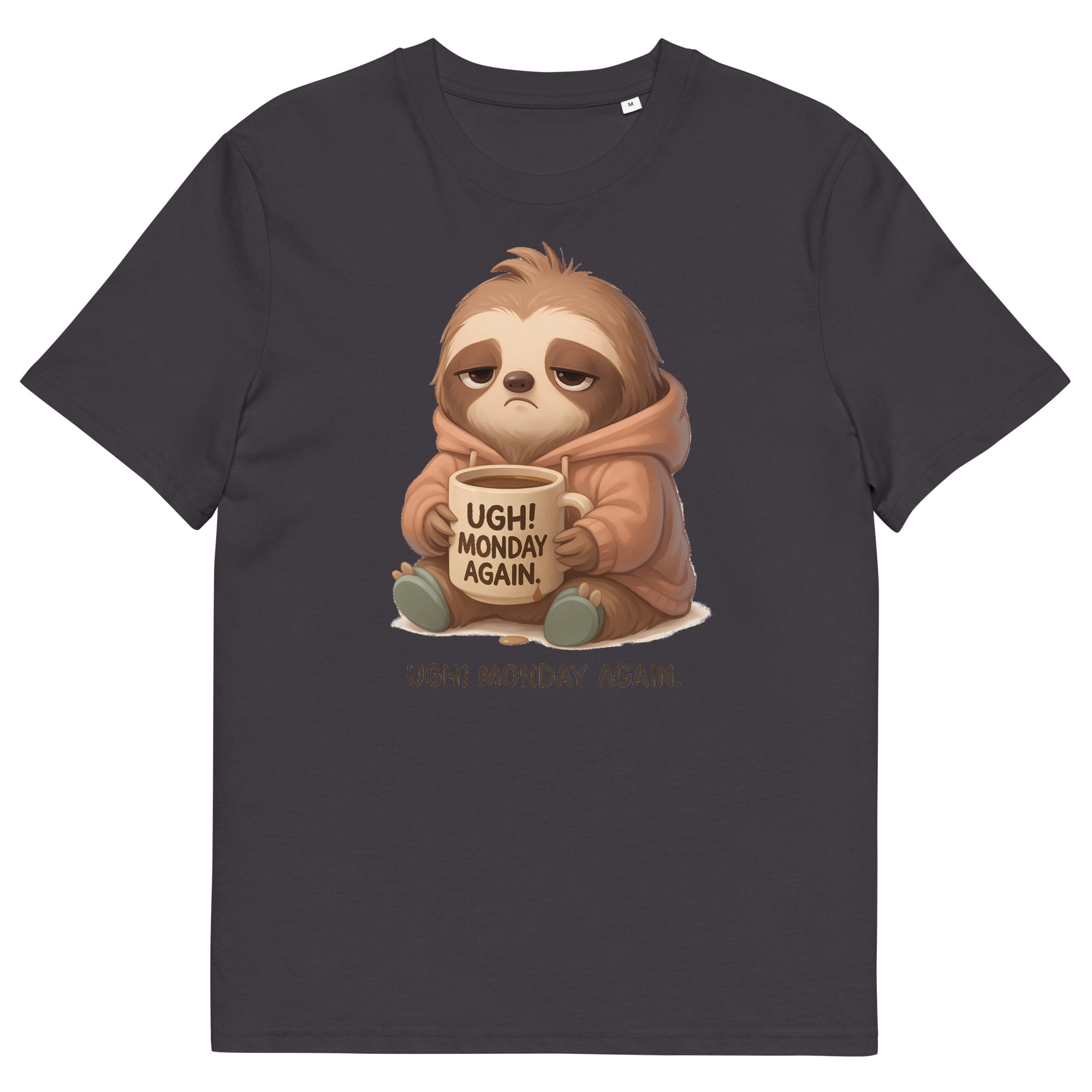 Anthracite unisex graphic t-shirt with sleepy sloth and coffee illustration design