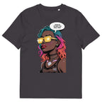 Anthracite unisex graphic t-shirt with colorful comic-style portrait design