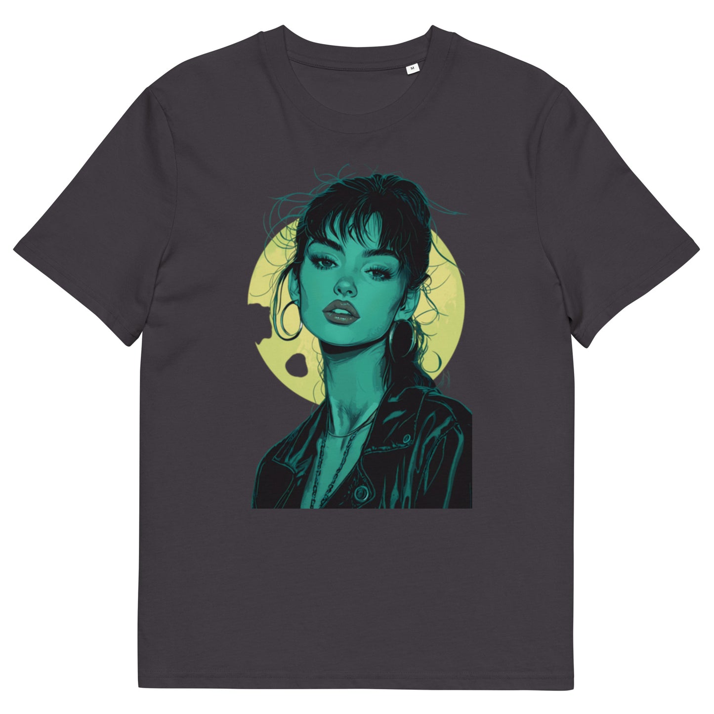 Anthracite organic cotton t-shirt with illustrated female front view portrait in teal tones and a circular yellow background.