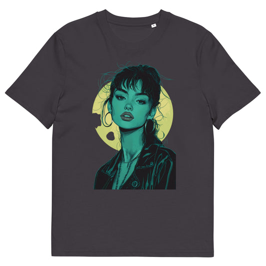 Anthracite organic cotton t-shirt with illustrated female front view portrait in teal tones and a circular yellow background.