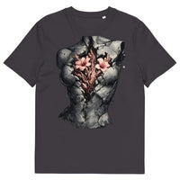 unisex t-shirt front view with surreal anatomical heart and blooming flowers graphic
