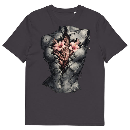 unisex t-shirt front view with surreal anatomical heart and blooming flowers graphic
