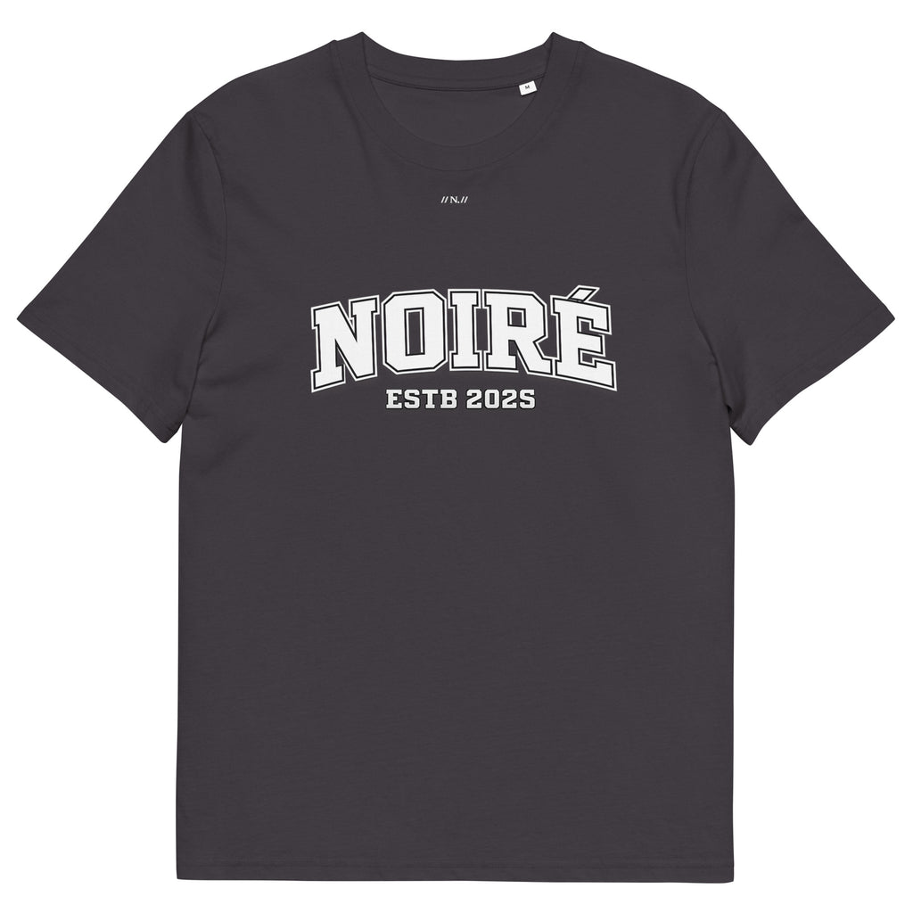 Charcoal grey Noiré oversized t-shirt, front view, premium apparel mockup.