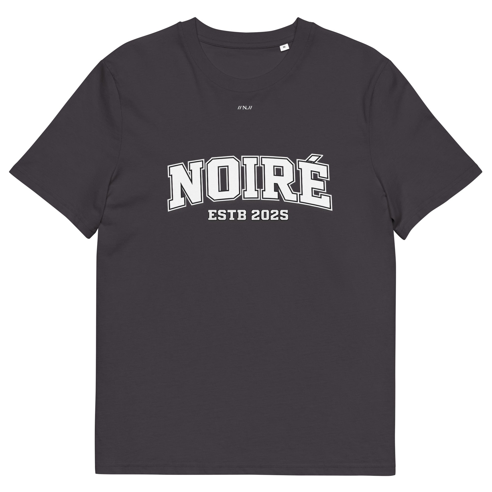 Charcoal grey Noiré oversized t-shirt, front view, premium apparel mockup.