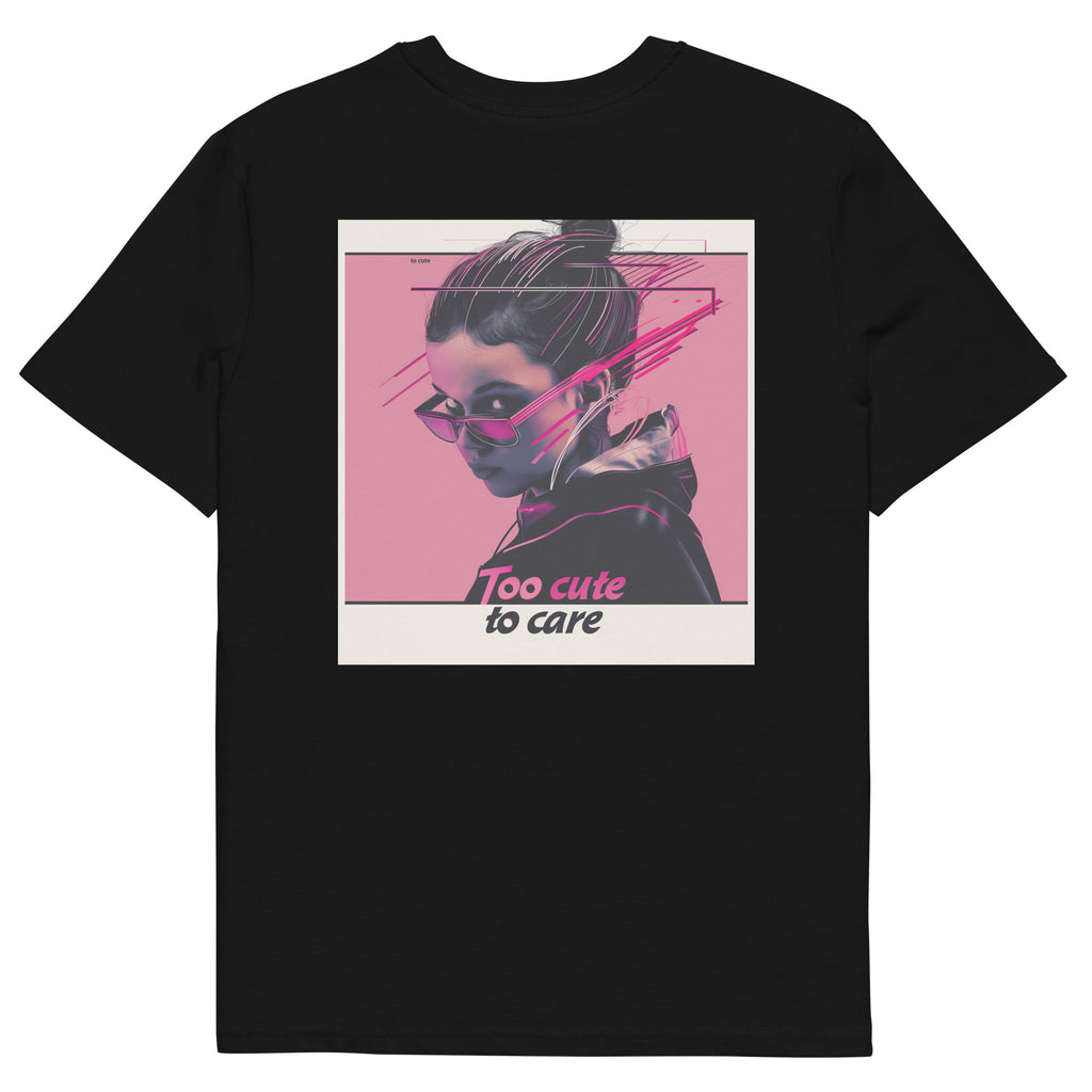 Black oversized t-shirt with pink glitch editorial portrait graphic back print