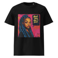 Black oversized graphic T-shirt featuring illustrated woman with blue braids and quote “Real ones don’t post” in bold streetwear style.
