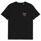 Black oversized streetwear t-shirt with small pink “Too cute to care” chest logo print, minimalist graphic design