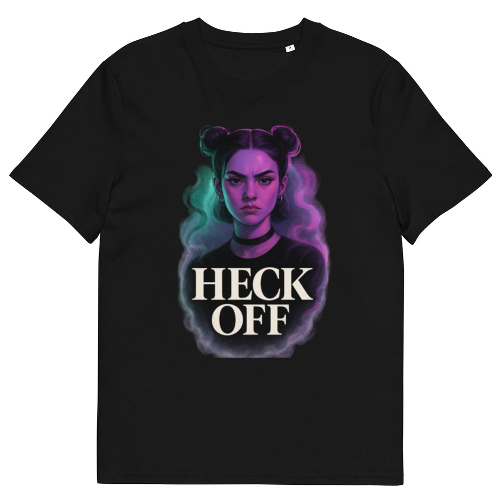 Black unisex graphic t-shirt front view with “Heck Off” portrait and bold typography design