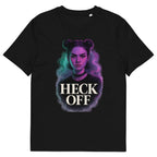 Black unisex graphic t-shirt front view with “Heck Off” portrait and bold typography design