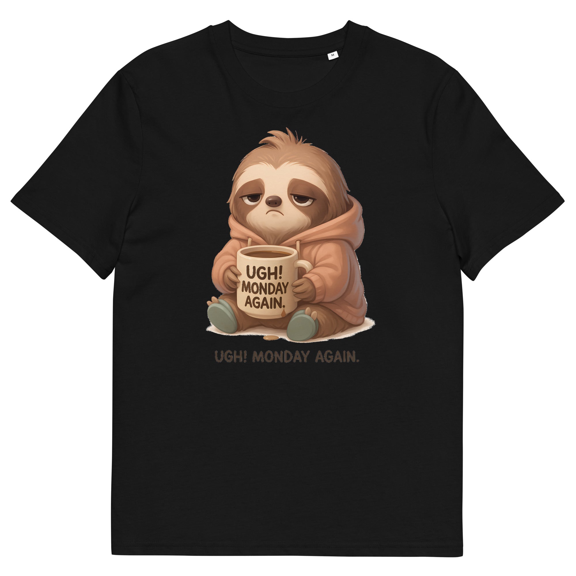 Black unisex graphic t-shirt with sleepy sloth and coffee illustration design