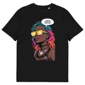 Black unisex graphic t-shirt with colorful comic-style portrait design