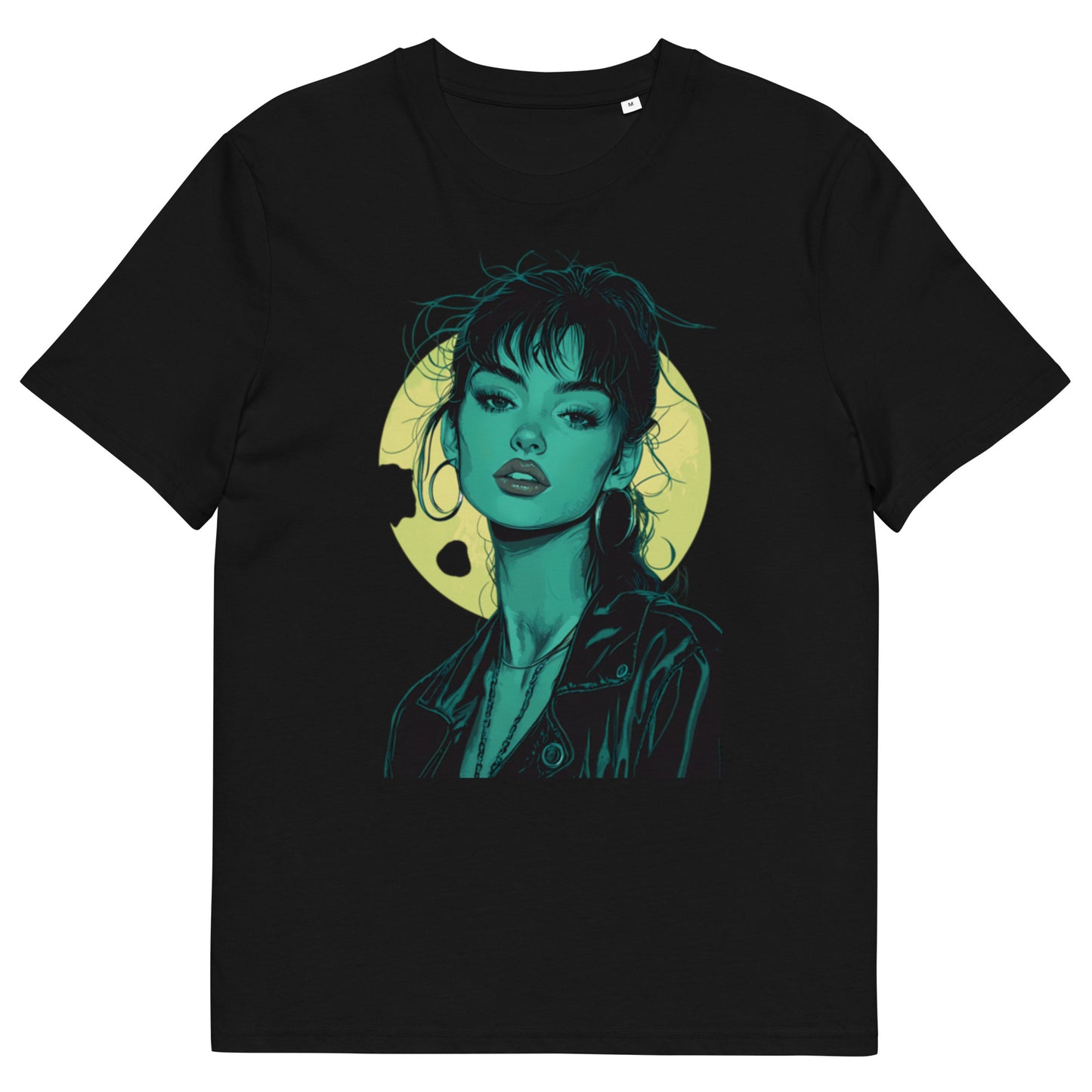  Black organic cotton t-shirt with illustrated female front view portrait in teal tones and a circular yellow 