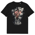  unisex t-shirt front view with surreal anatomical heart and blooming flowers graphic
