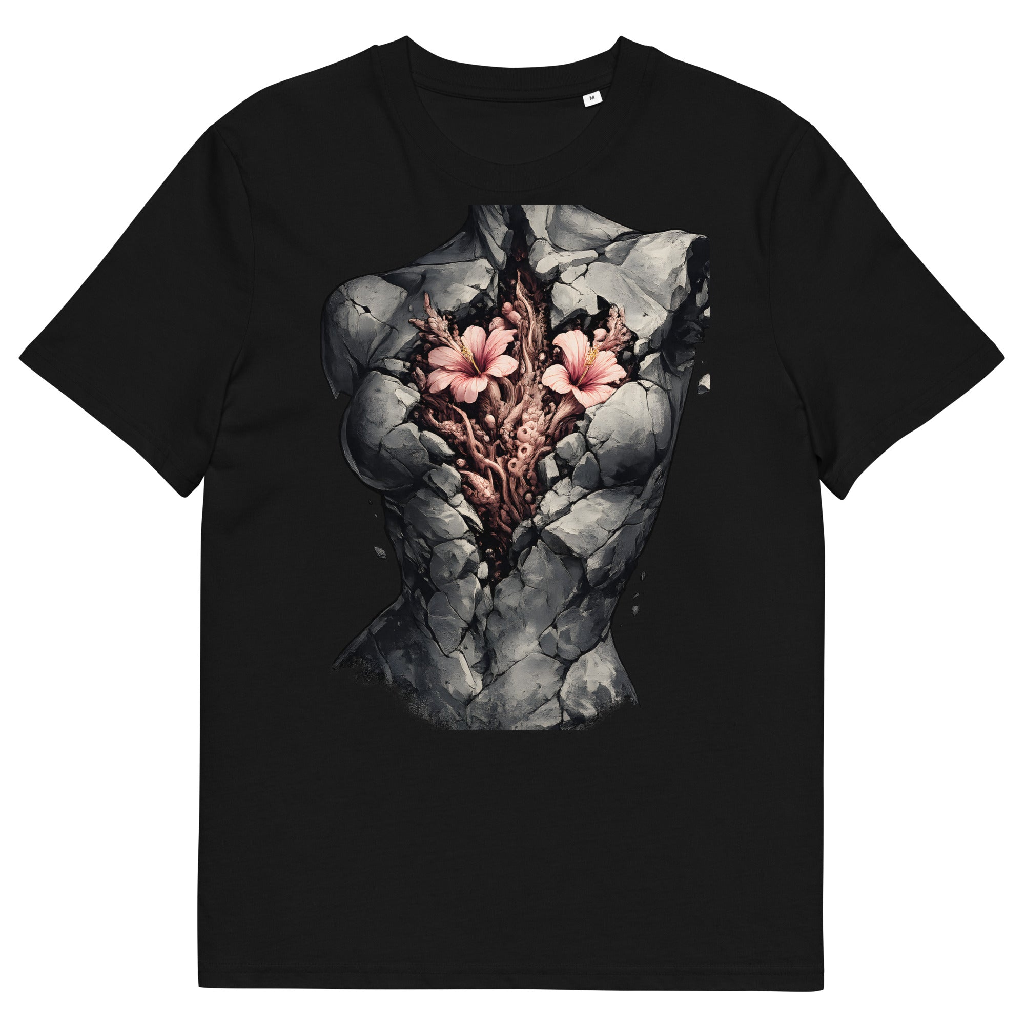  unisex t-shirt front view with surreal anatomical heart and blooming flowers graphic
