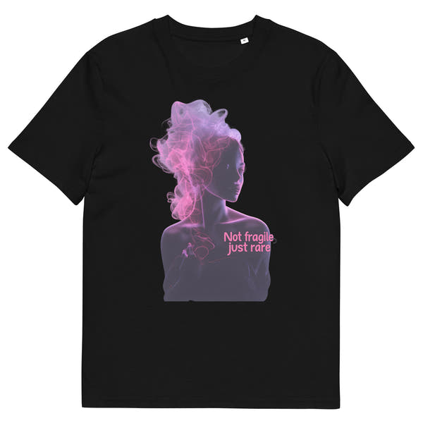 black unisex t-shirt front view with abstract purple and pink smoke woman portrait graphic
